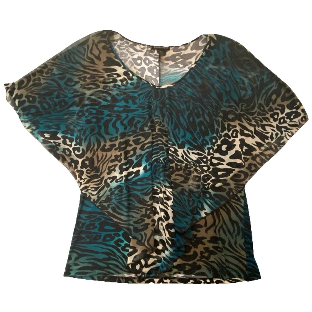 Susan Lawrence Petite Large Blouse Teal Animal Print Sheer Overlay Top